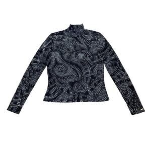 ST. John Women Small Blue Mock Neck Sheer Mesh Abstract Artsy Long Sleeve Blouse